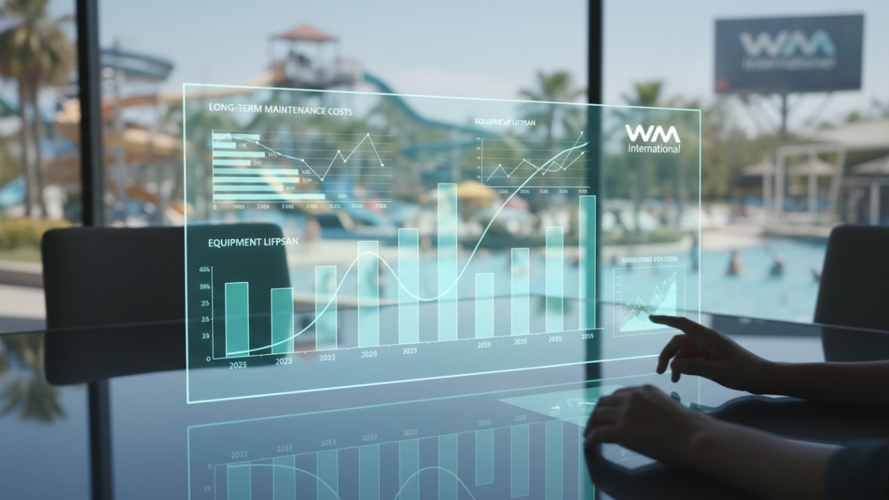 A holographic data dashboard showing water park ROI metrics and the WM International logo.