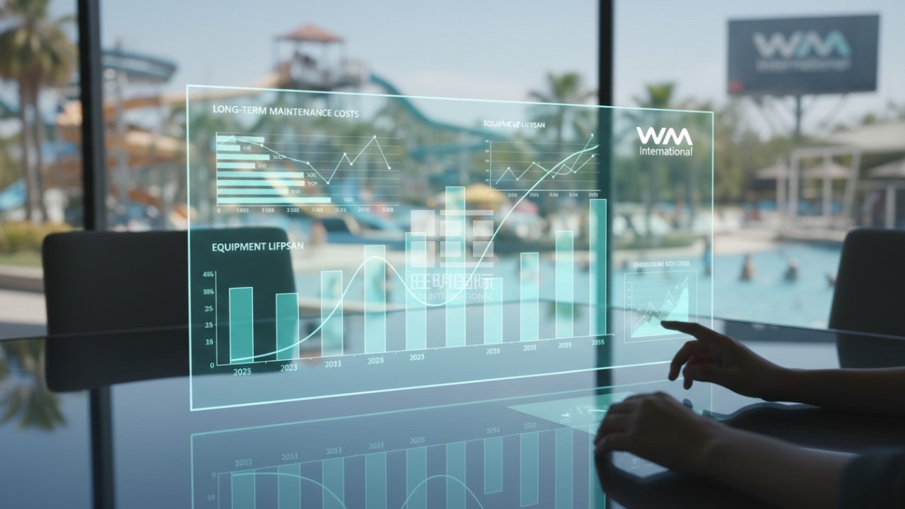 A holographic data dashboard showing water park ROI metrics and the WM International logo.