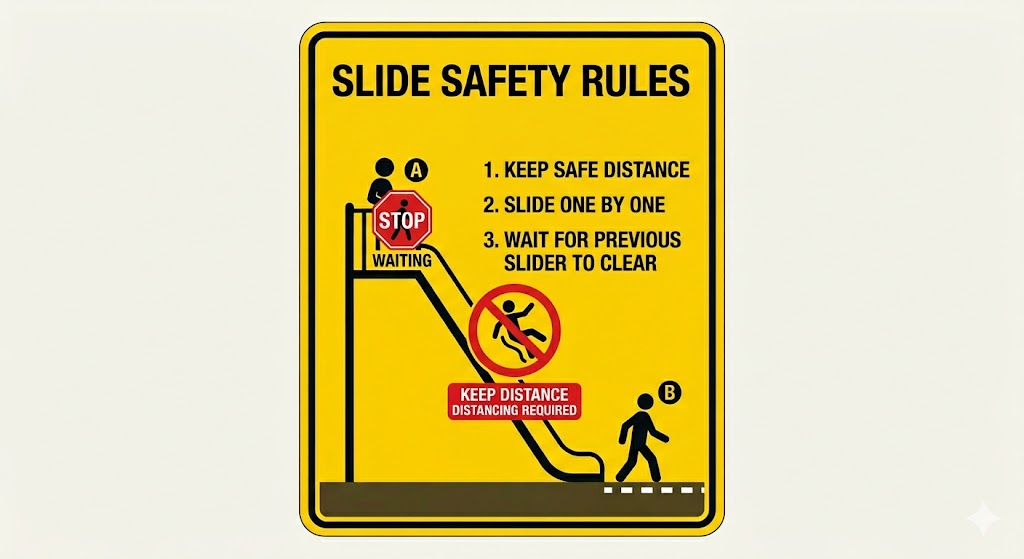 Yellow sign with slide safety rules, including keeping distance and waiting turns.