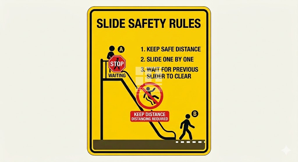 a mid-slide collision and head injury Yellow sign with slide safety rules, including keeping distance and waiting turns.