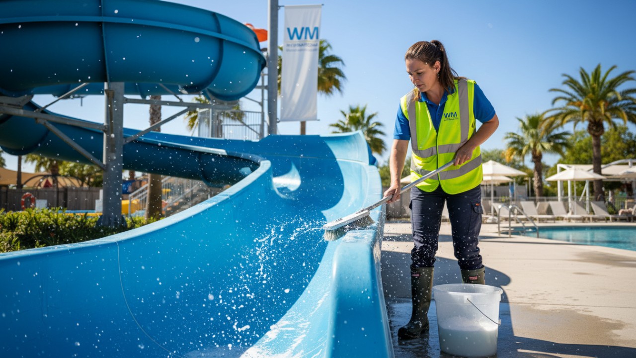 A professional cleaner scrubbing a blue water slide with the WM International logo on their uniform.