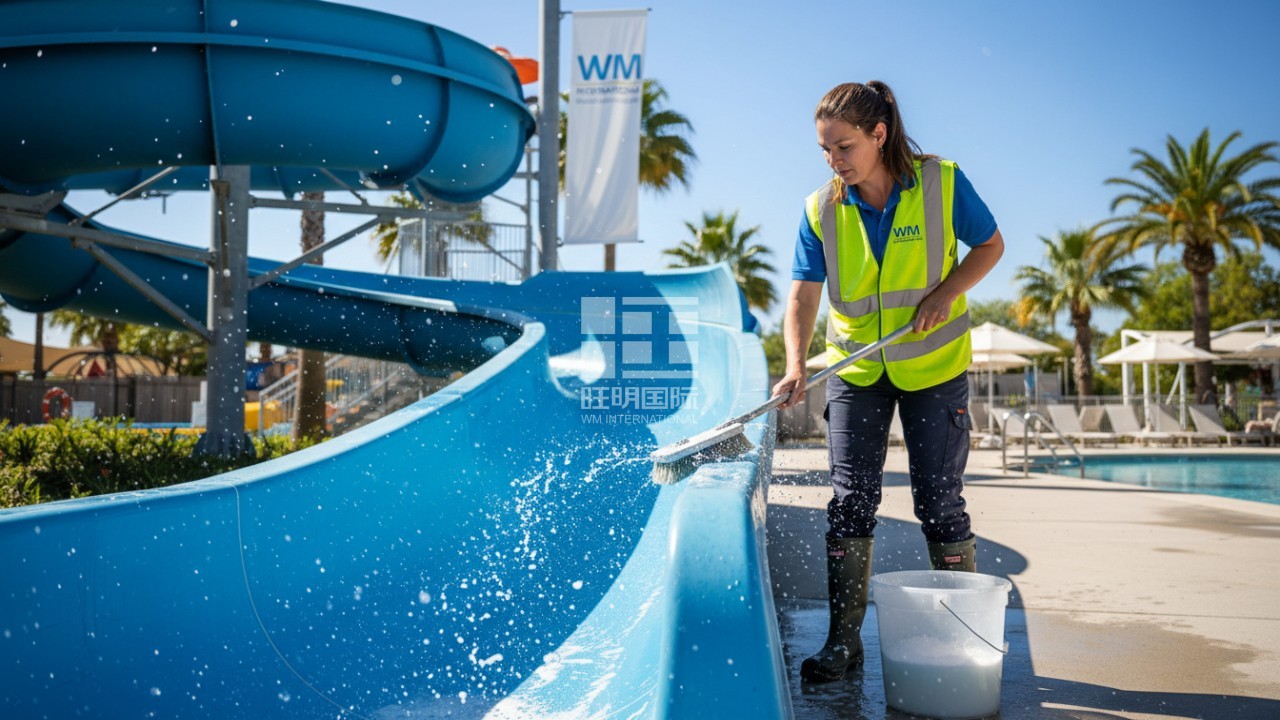 A professional cleaner scrubbing a blue water slide with the WM International logo on their uniform.
