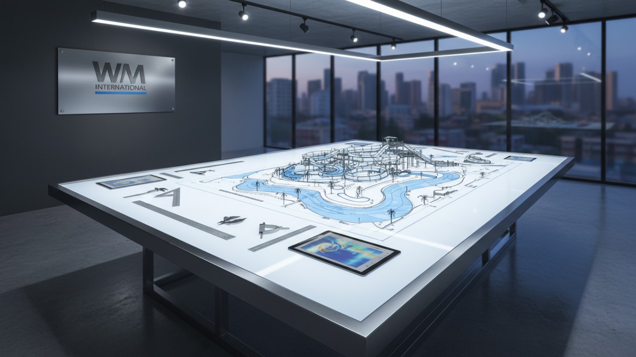 A professional design studio showing a detailed 3D water park blueprint on a drafting table with the WM International brand name on the wall.