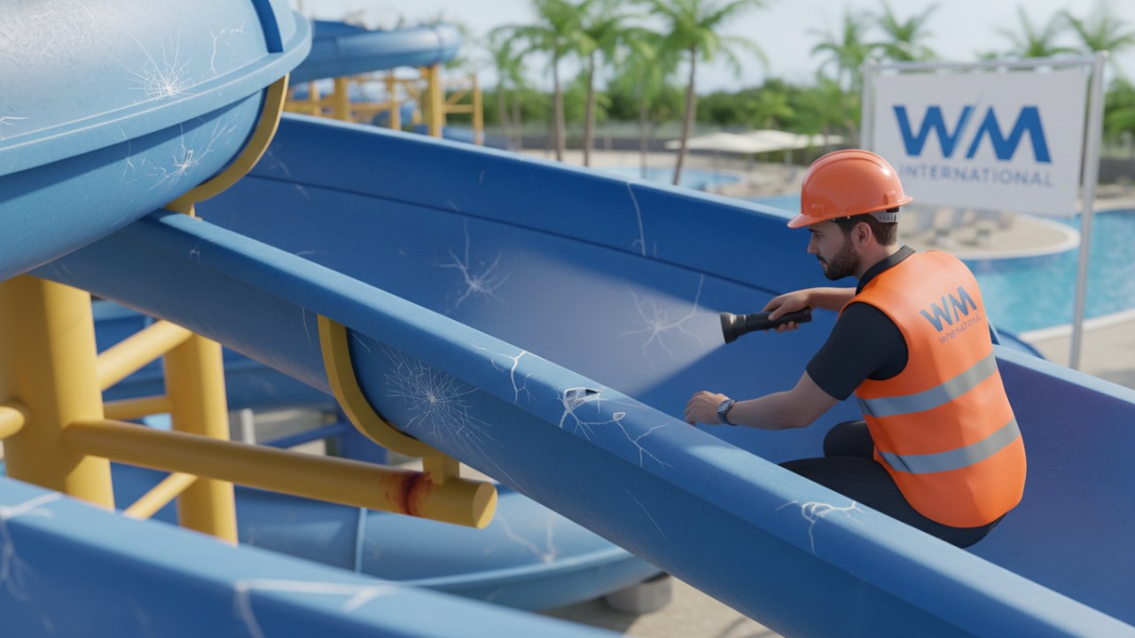 A professional technician from WM International inspecting fiberglass cracks and rust on a commercial water slide.