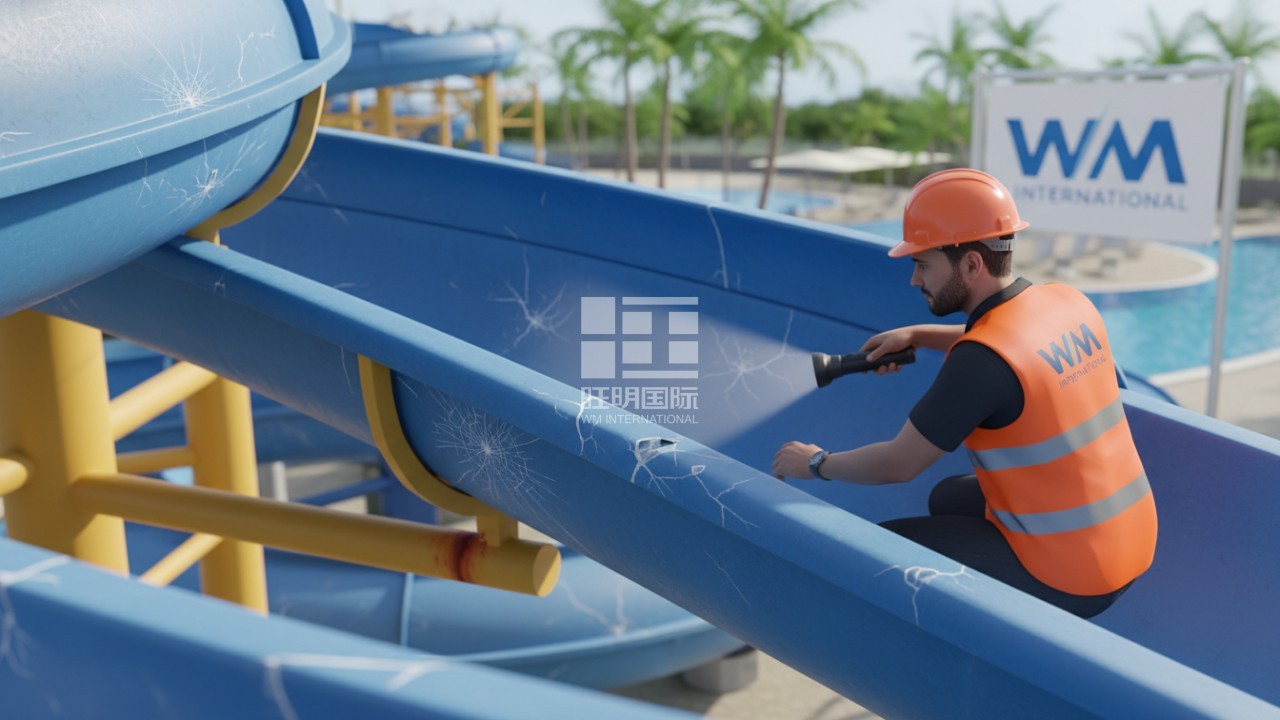 A professional technician from WM International inspecting fiberglass cracks and rust on a commercial water slide.