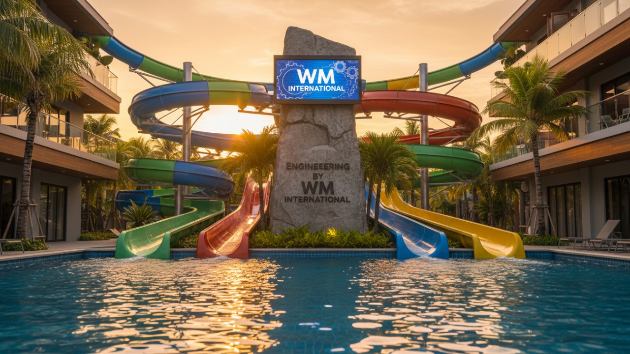 A sunset view of a modern water park featuring durable fiberglass slides and an entrance monument with the WM International brand name