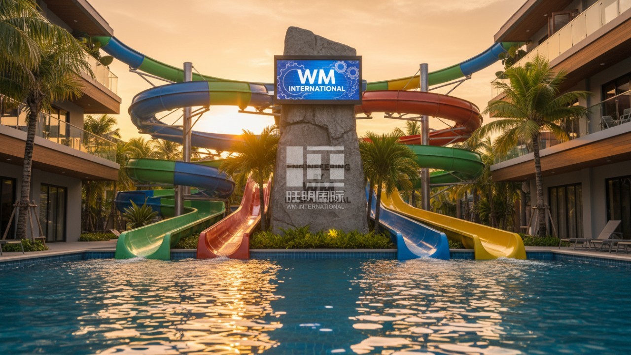 A sunset view of a modern water park featuring durable fiberglass slides and an entrance monument with the WM International brand name