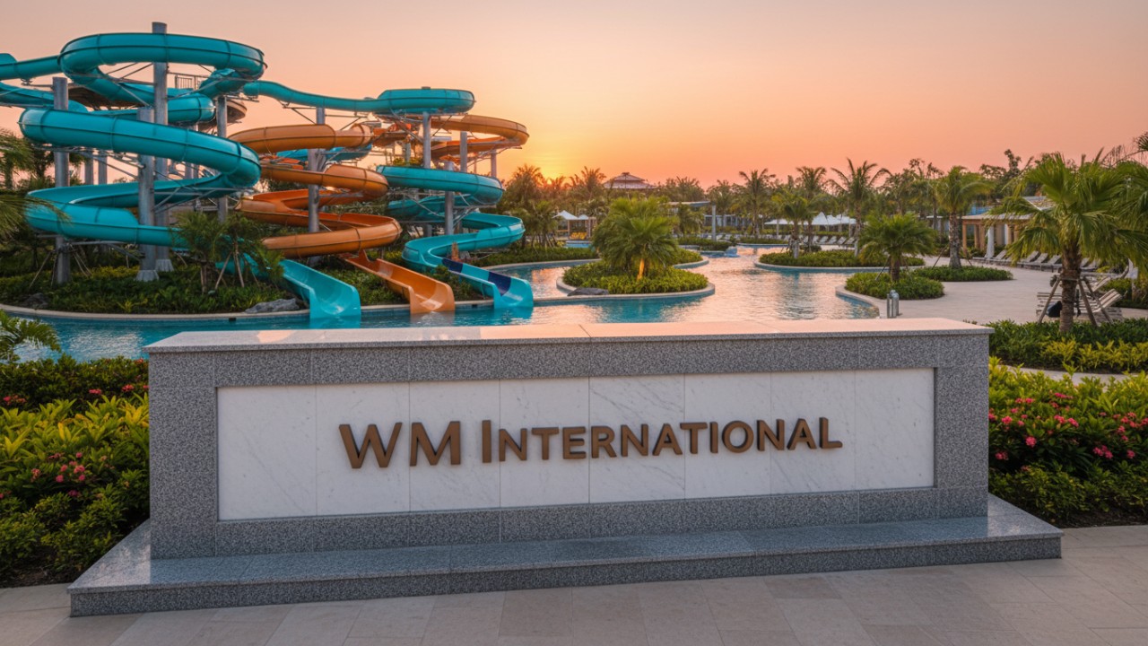 A wide shot of a completed luxury water park resort at sunset with a prominent WM International brand sign at the entrance.