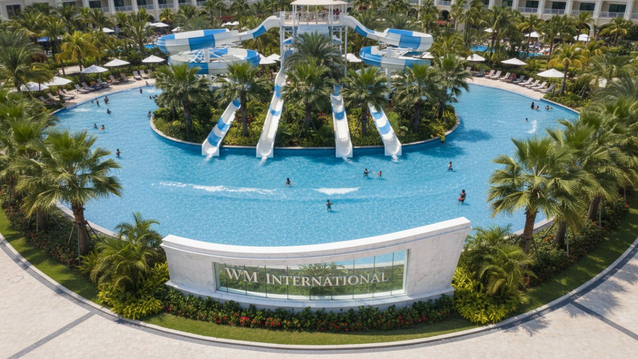 An aerial view of a finished luxury water park with a prominent WM International monument sign in the center plaza.
