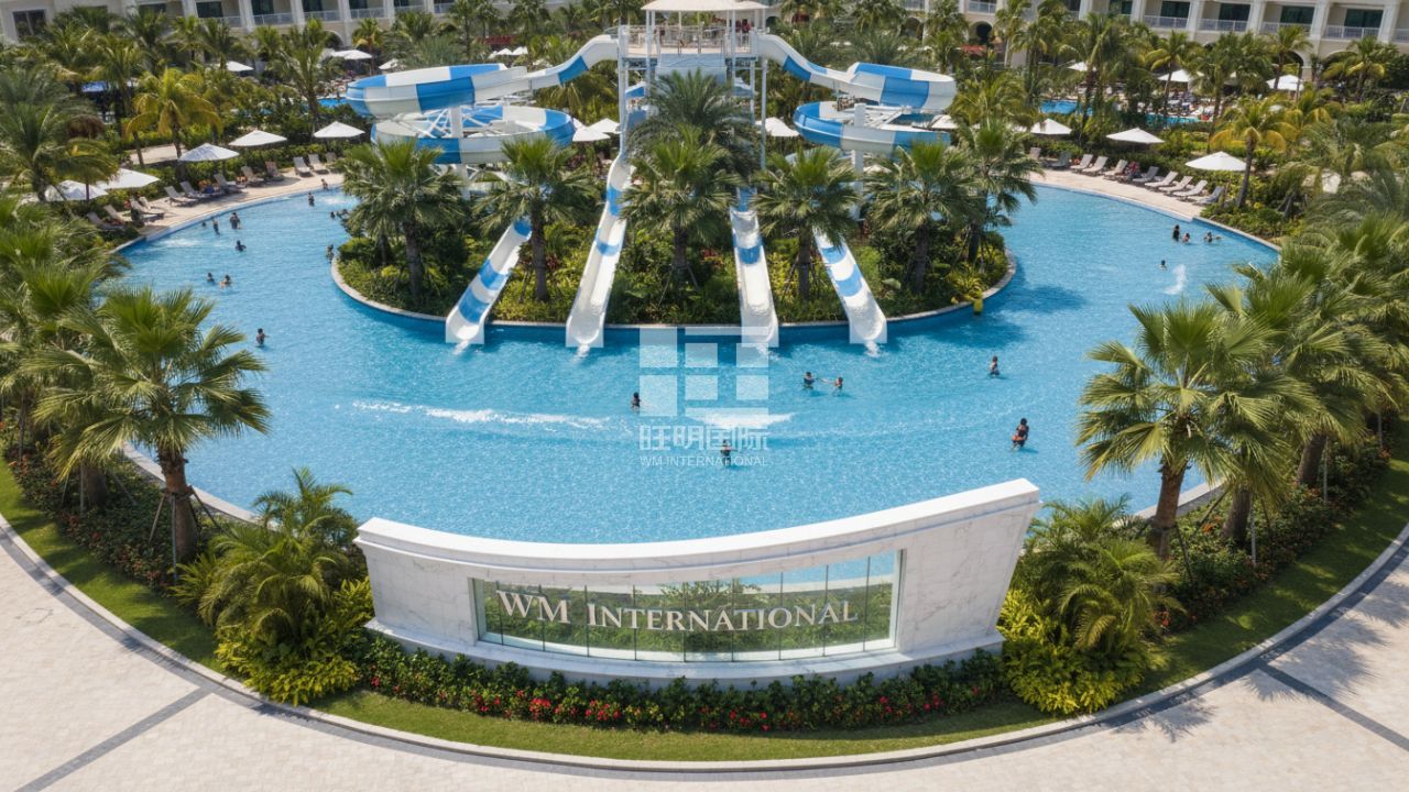 An aerial view of a finished luxury water park with a prominent WM International monument sign in the center plaza.