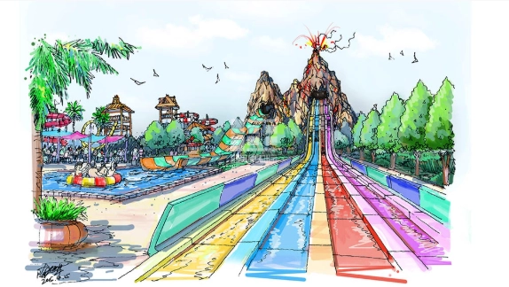 Water park concept art with volcano slide and multiple water attractions. - WM International