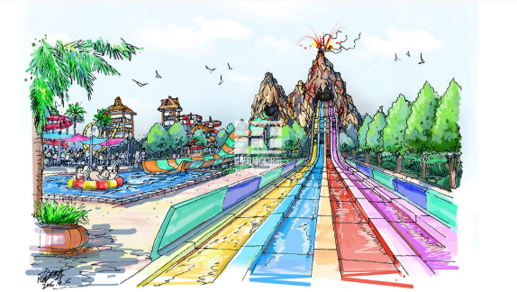 water park design Water park concept art with volcano slide and multiple water attractions.