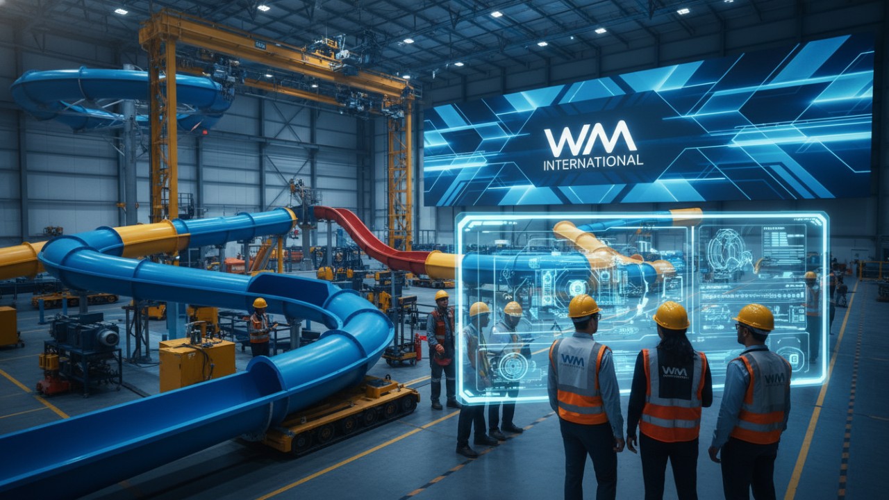 Engineers working in a high-tech manufacturing facility on large scale water slide projects with WM International branding visible on screens