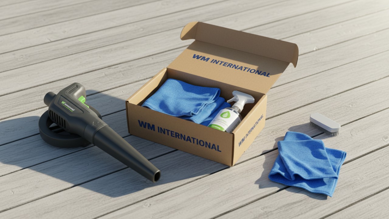 Expert water slide cleaning tools including a leaf blower and microfiber cloth next to a WM International cleaning kit.