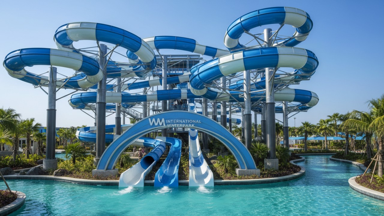 High thrill water slide structure showcasing advanced composite engineering and uniform flume construction