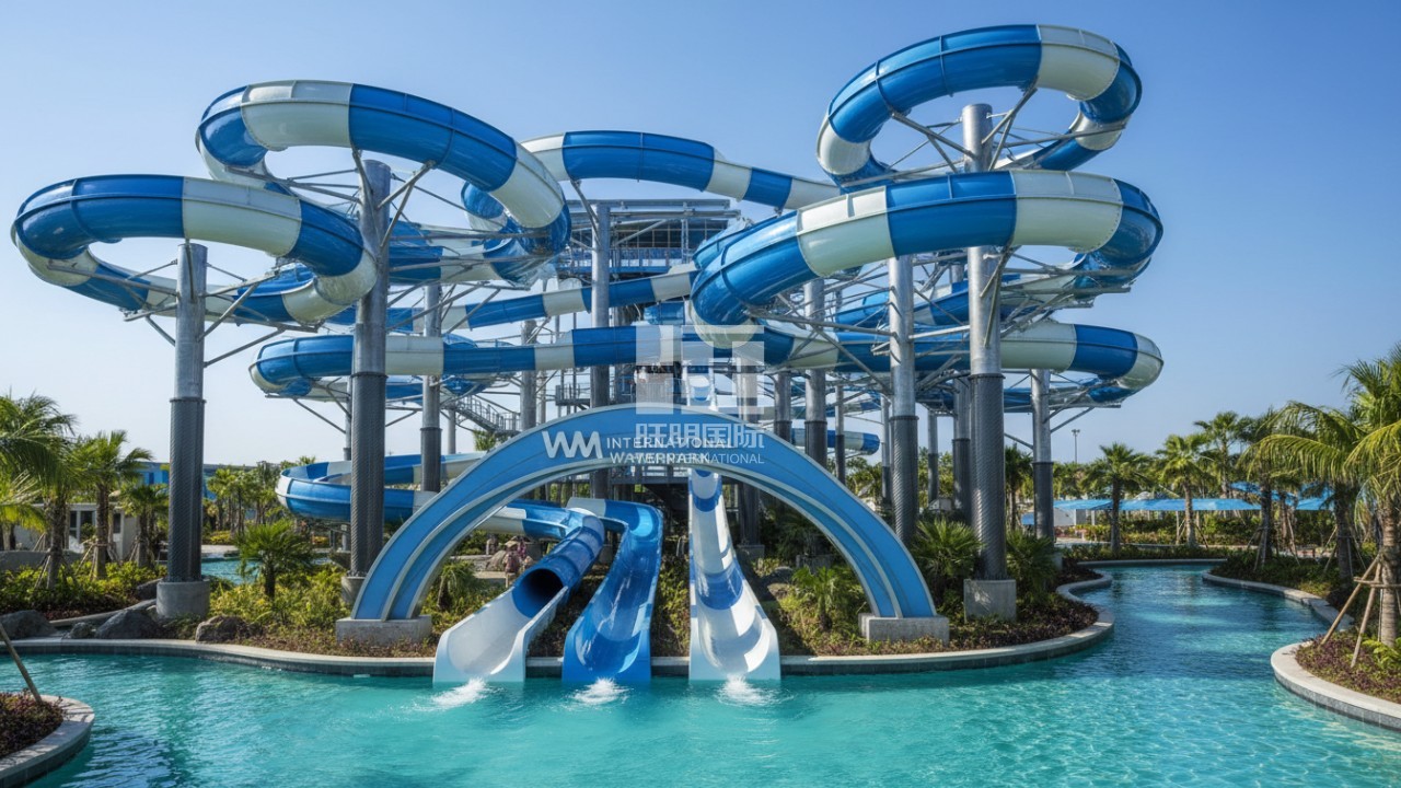 High thrill water slide structure showcasing advanced composite engineering and uniform flume construction
