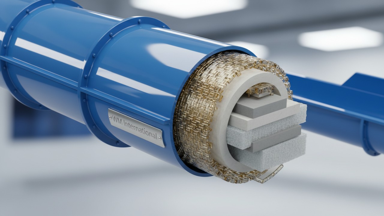 Technical 3D cutaway illustration showing the internal composite layers of a fiberglass water slide with a WM International logo plaque