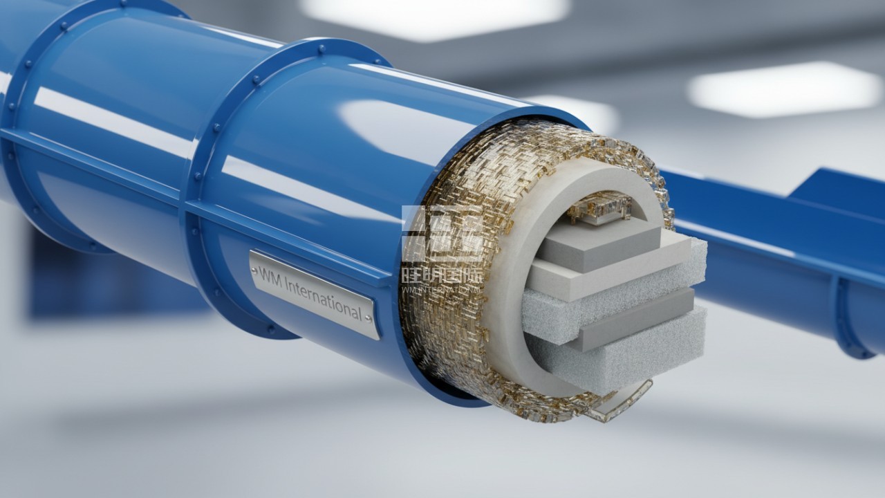 Technical 3D cutaway illustration showing the internal composite layers of a fiberglass water slide with a WM International logo plaque