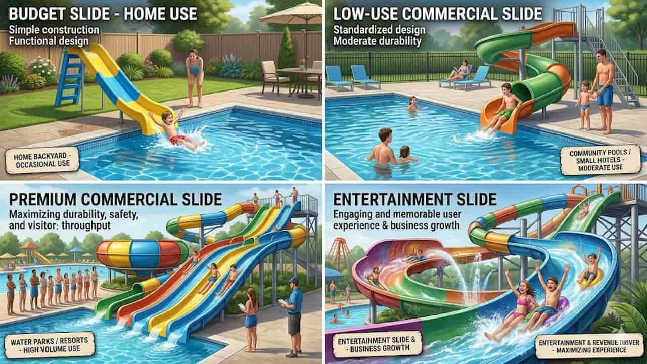 Comparison of four pool slide types: Budget, Low-Use, Premium, and Entertainment.