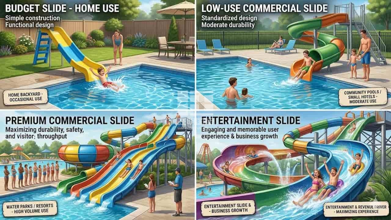 Water Slide Investment Comparison of four pool slide types: Budget, Low-Use, Premium, and Entertainment.