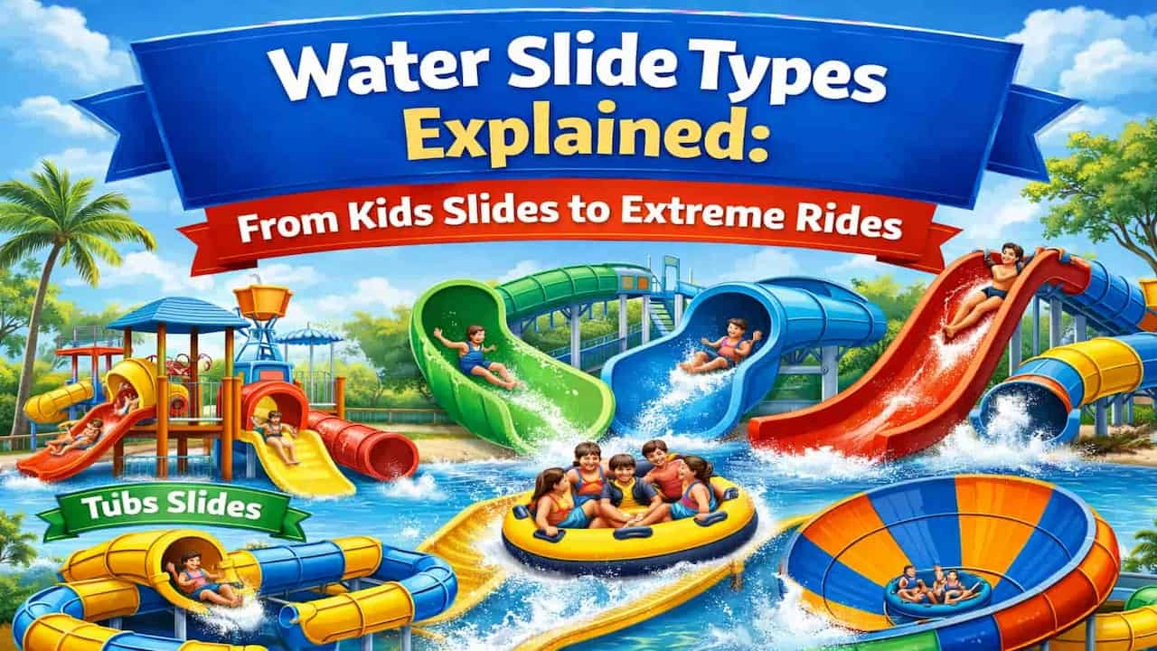 Water park with various slides, including kids' slides, tube slides, and extreme rides. - WM International