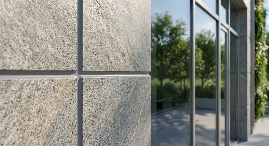 a close-up of a perfectly smooth, grey MS polymer sealant joint on a modern natural stone building facade