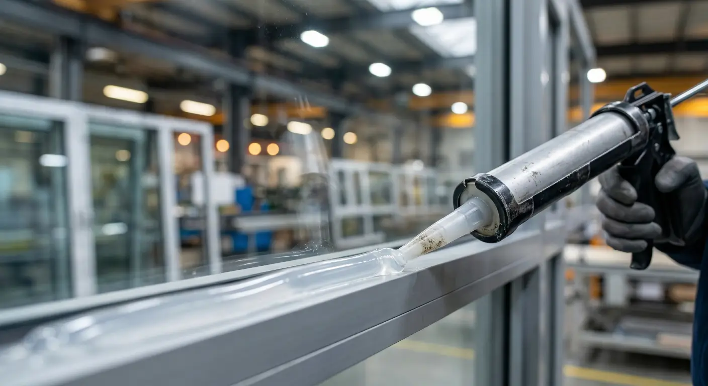 a continuous, smooth bead of translucent acetic silicone sealant being expertly applied to a commercial glass window joint using a heavy-duty caulking gun