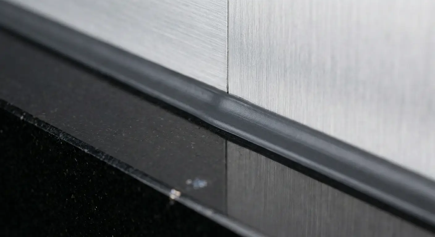 a cured MS polymer sealant joint between a piece of polished black granite and a brushed aluminum frame.