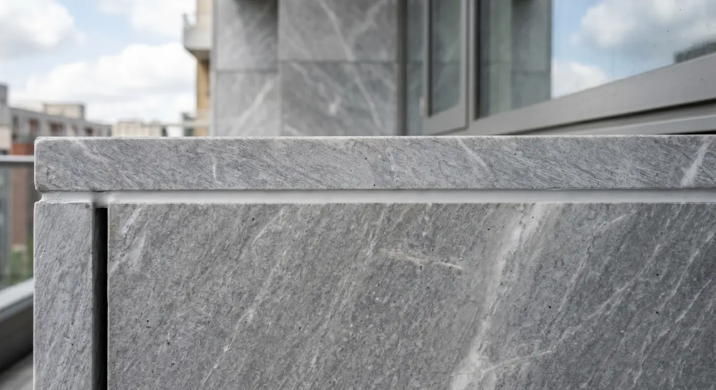 a pristine MS polymer sealant joint applied between two slabs of luxury grey marble on a building exterior. a pristine MS polymer sealant joint applied between two slabs of luxury grey marble on a building exterior.