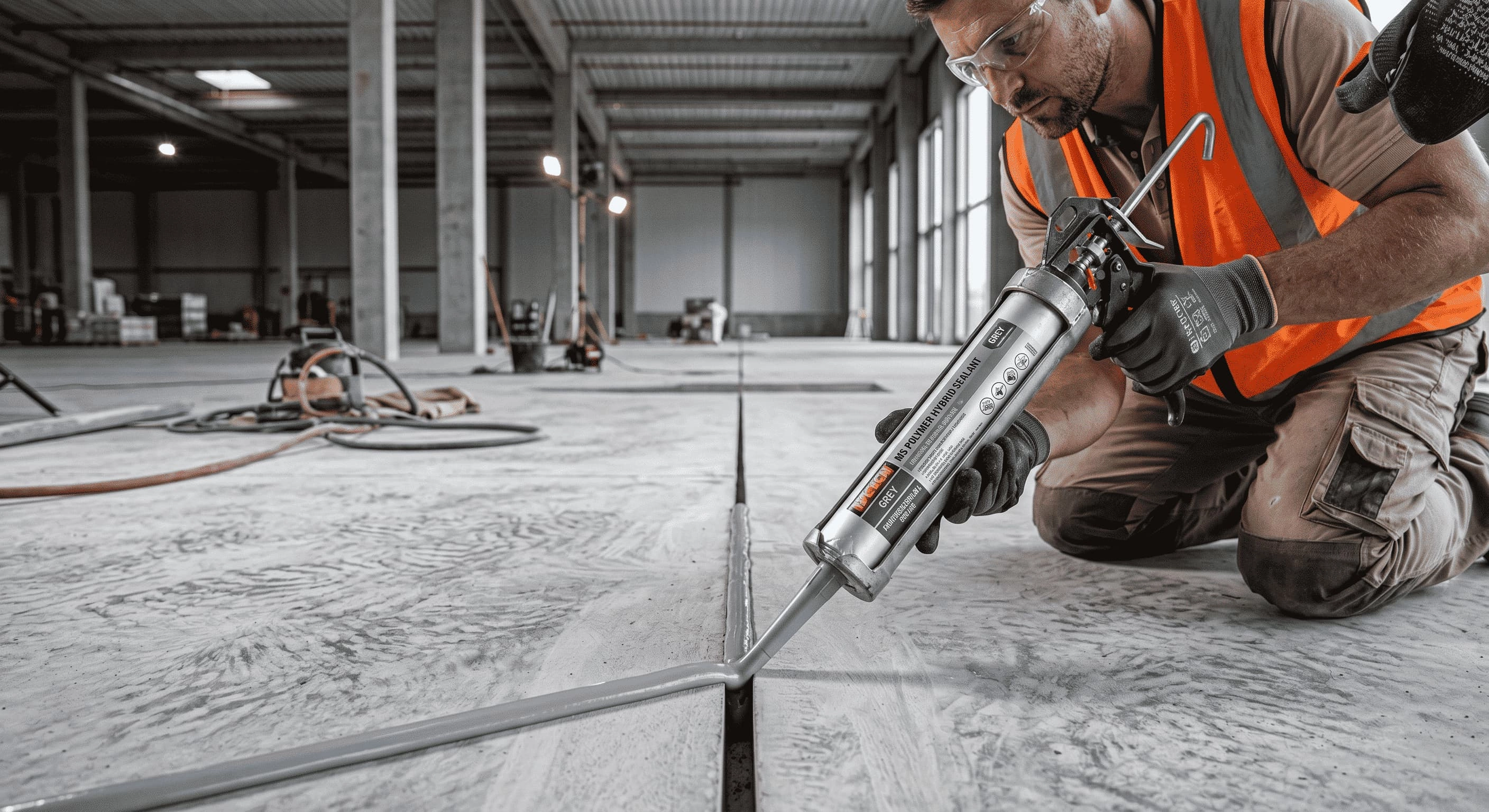 A professional contractor applying grey MS polymer sealant from an industrial sausage foil into a concrete floor expansion joint (1) - KINGDELI