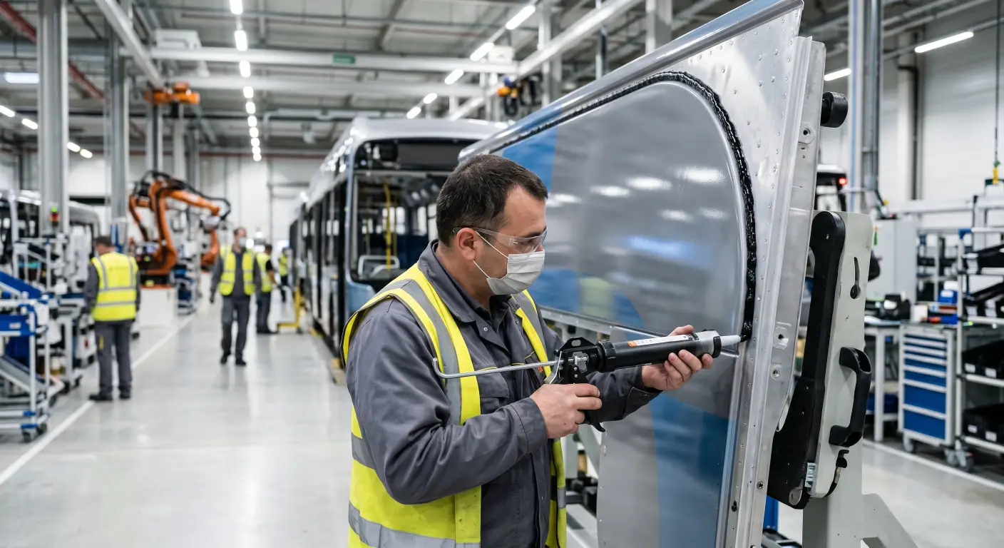 A worker is precisely applying a thick, black bead of MS polymer sealant along the edge of a sleek, aerodynamic commercial bus side panel. A worker is precisely applying a thick, black bead of MS polymer sealant along the edge of a sleek, aerodynamic commercial bus side panel.
