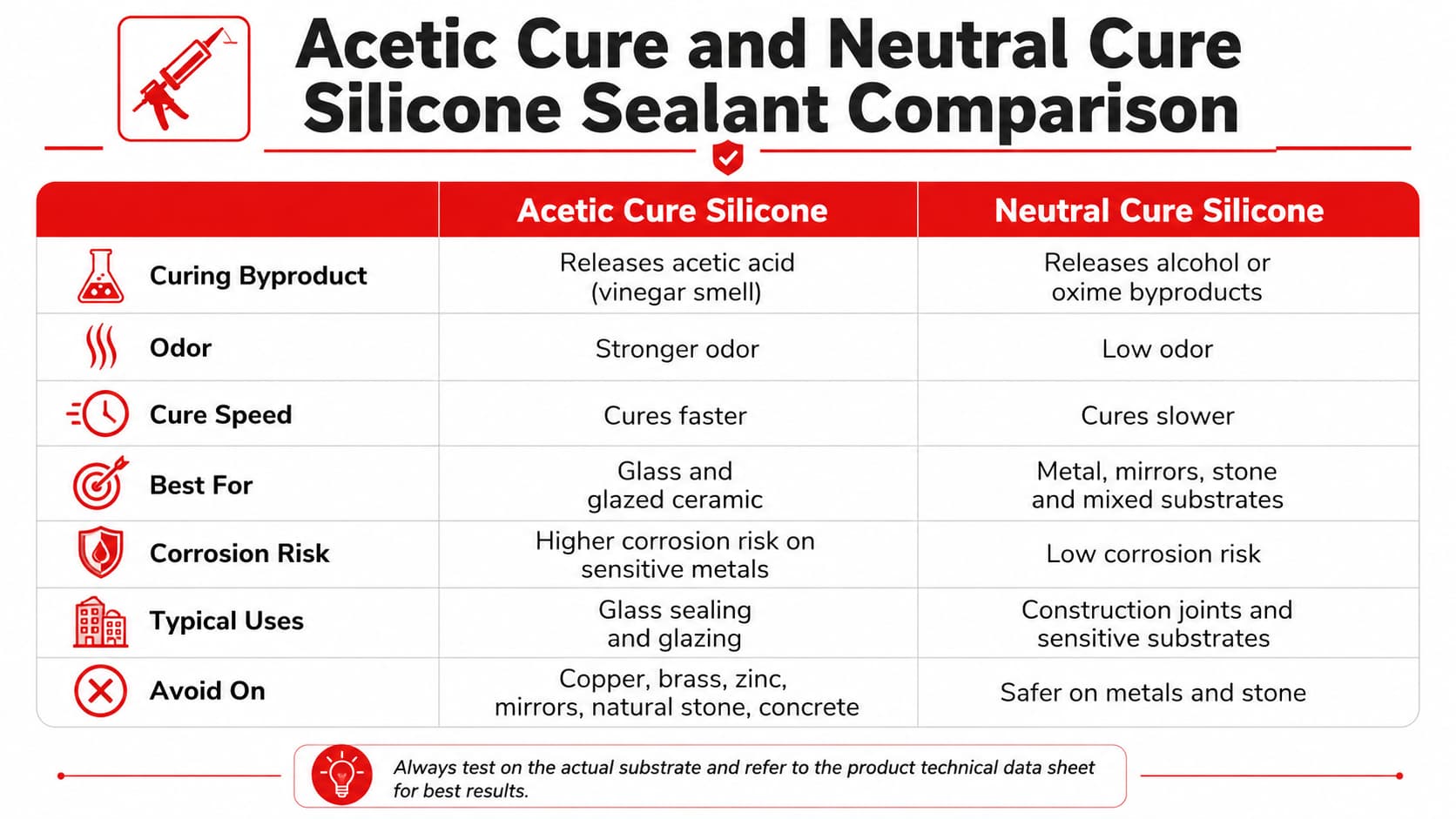 Acetic cure and neutral cure silicone sealant comparison table