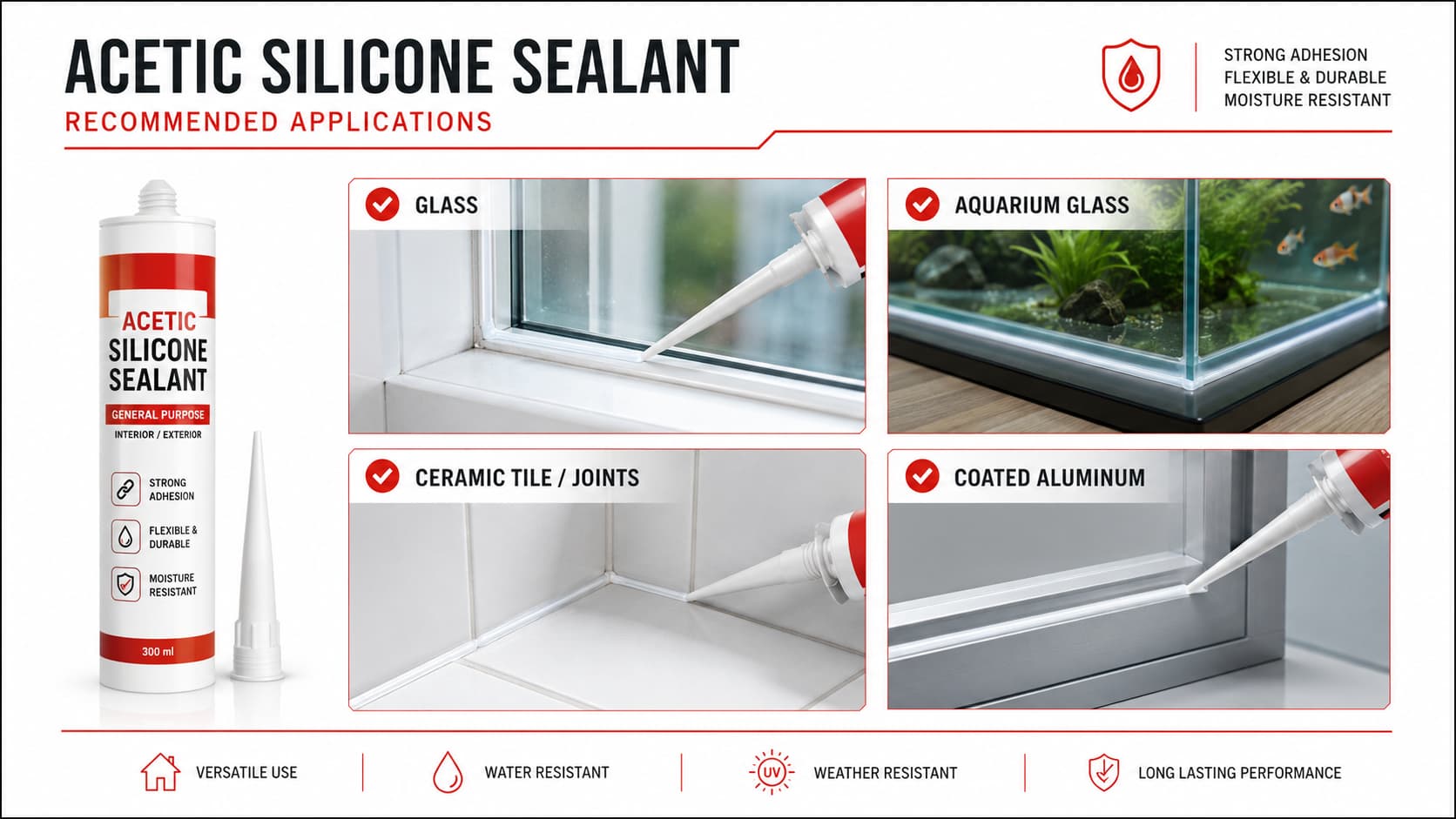 Acetic silicone sealant applications for glass ceramic aquarium and coated aluminum