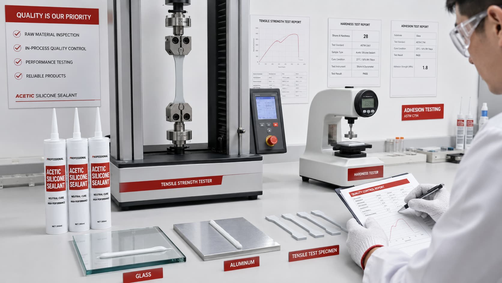 Acetic silicone sealant quality testing for tensile strength hardness and adhesion