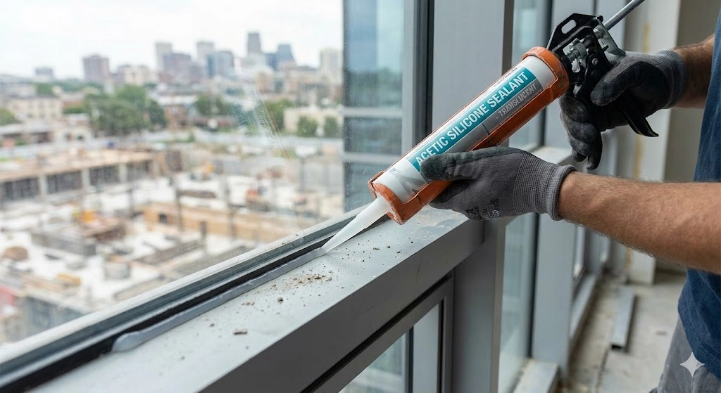acetic silicone sealant to a large commercial glass window frame - KINGDELI