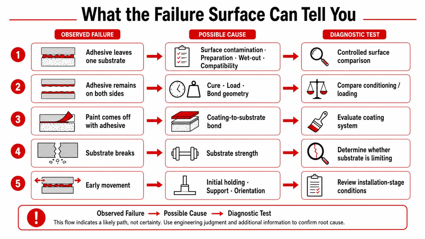 Adhesive bond failure diagnosis matrix linking observed failure modes to possible causes and diagnostic tests