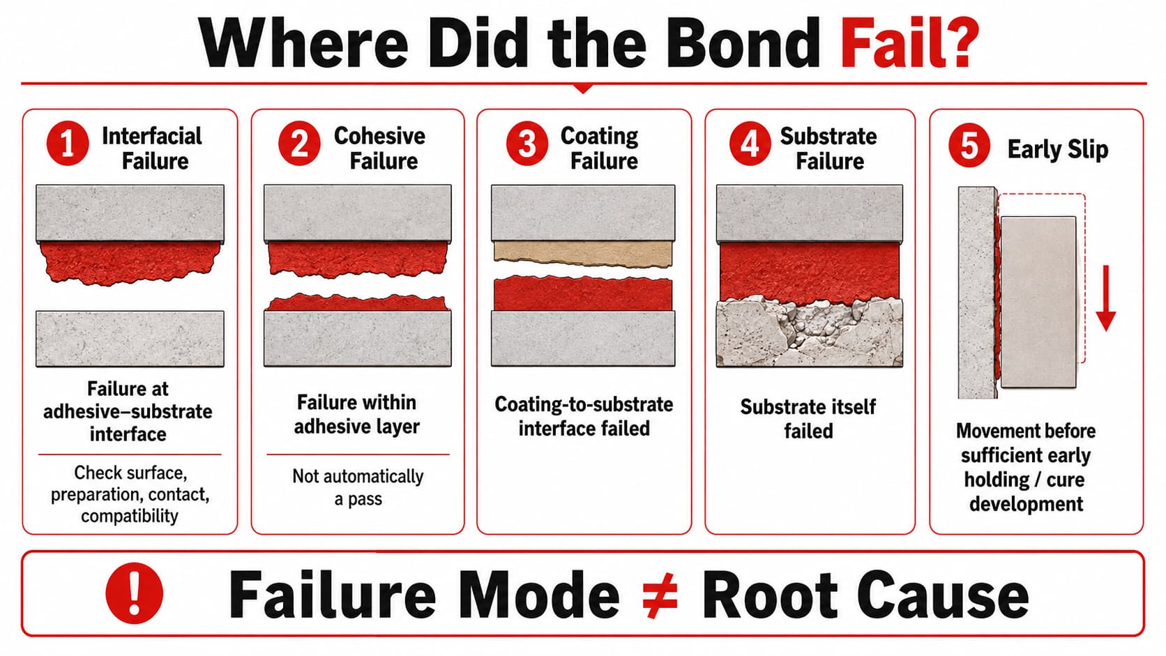 Adhesive bond failure modes including interfacial failure, cohesive failure, coating failure, substrate failure and early slip