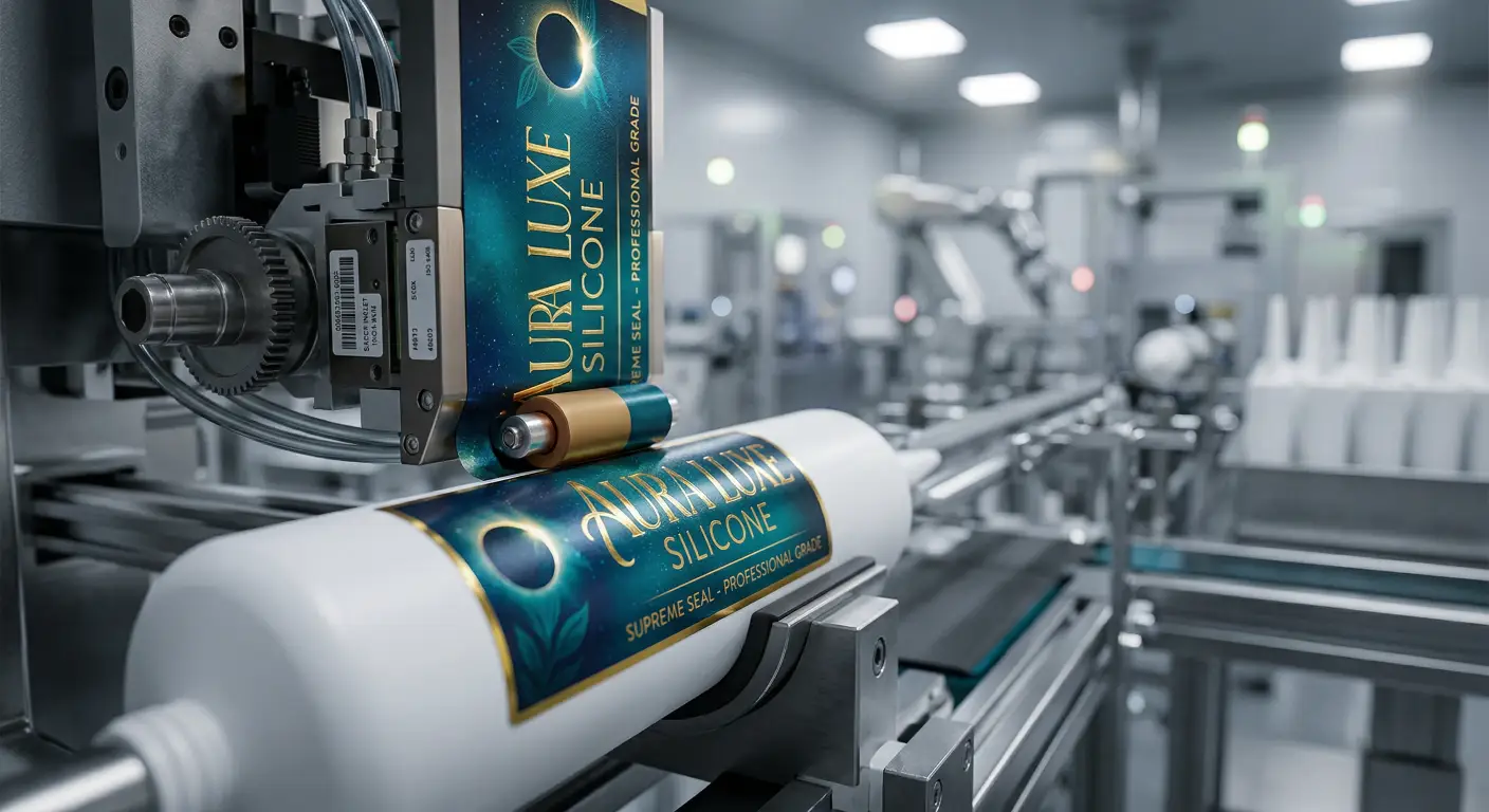 an industrial printing machine applying a custom, high-end brand label onto a blank silicone sealant cartridge