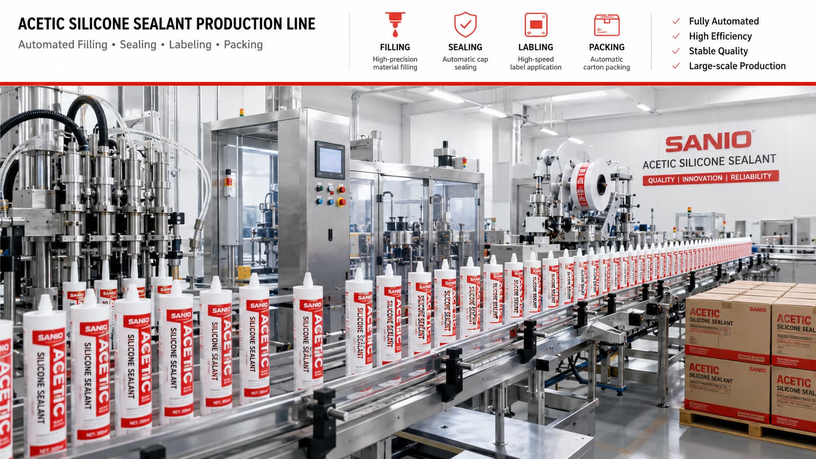 Automated silicone sealant production line and cartridge filling process