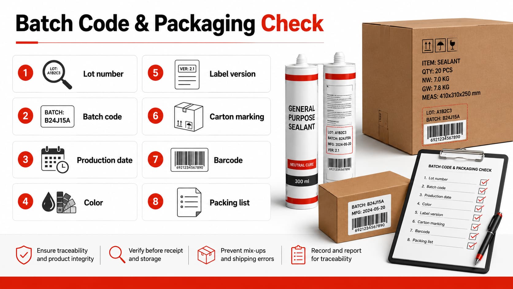 Batch code and packaging check for sealant lot number barcode carton marking and packing list
