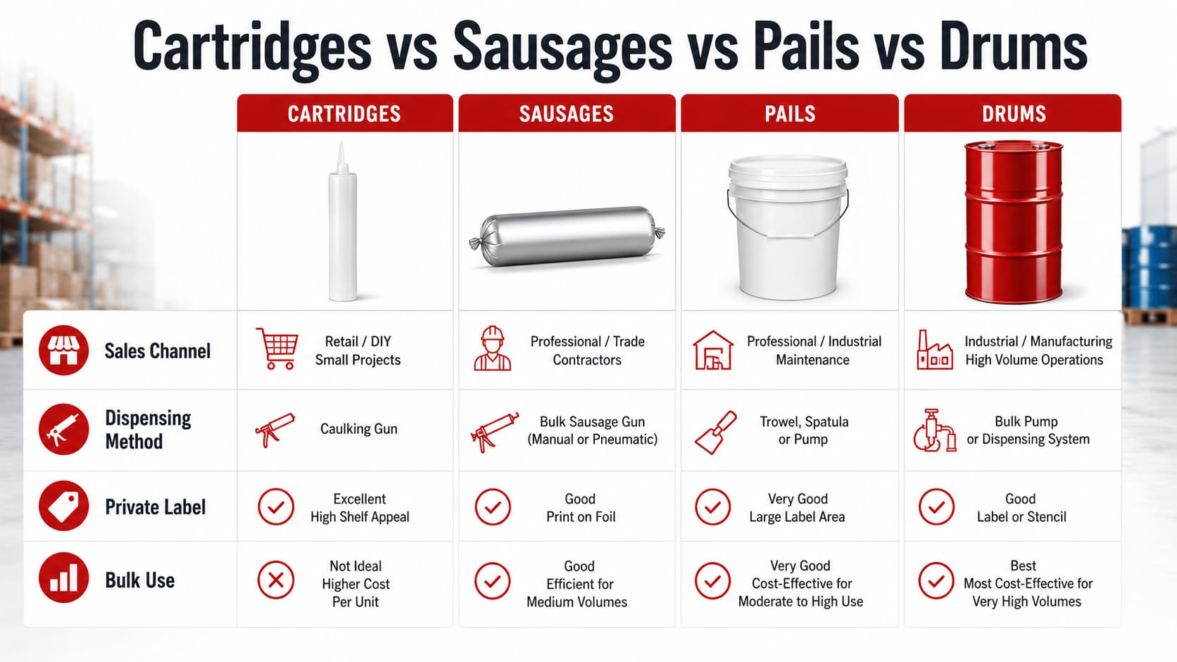 Cartridges sausages pails and drums comparison by sales channel dispensing method private label and bulk use