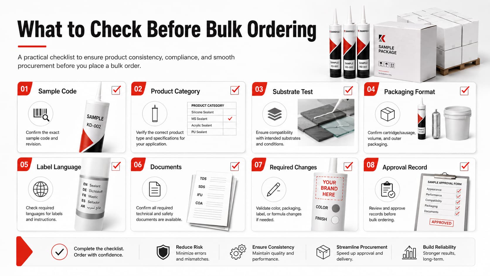 Checklist of items to verify before approving sealant samples for bulk ordering