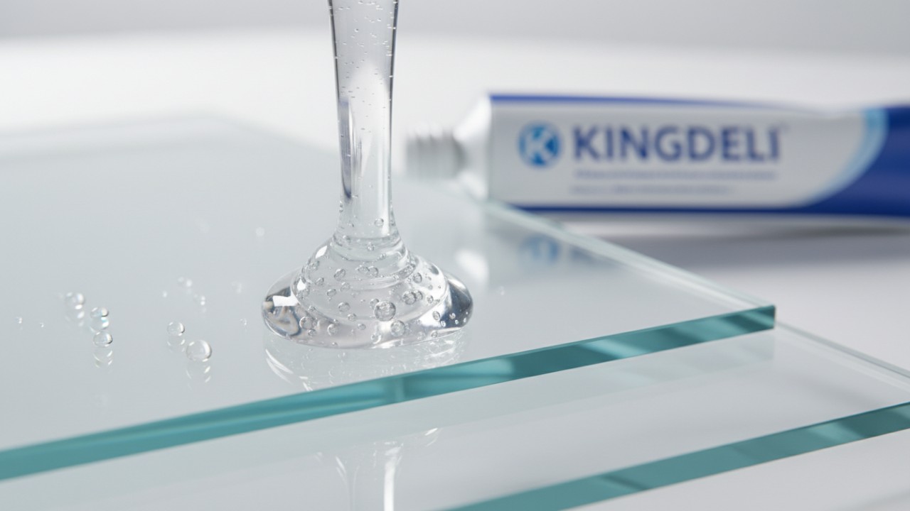 Clear flexible silicone sealant bead applied to glass