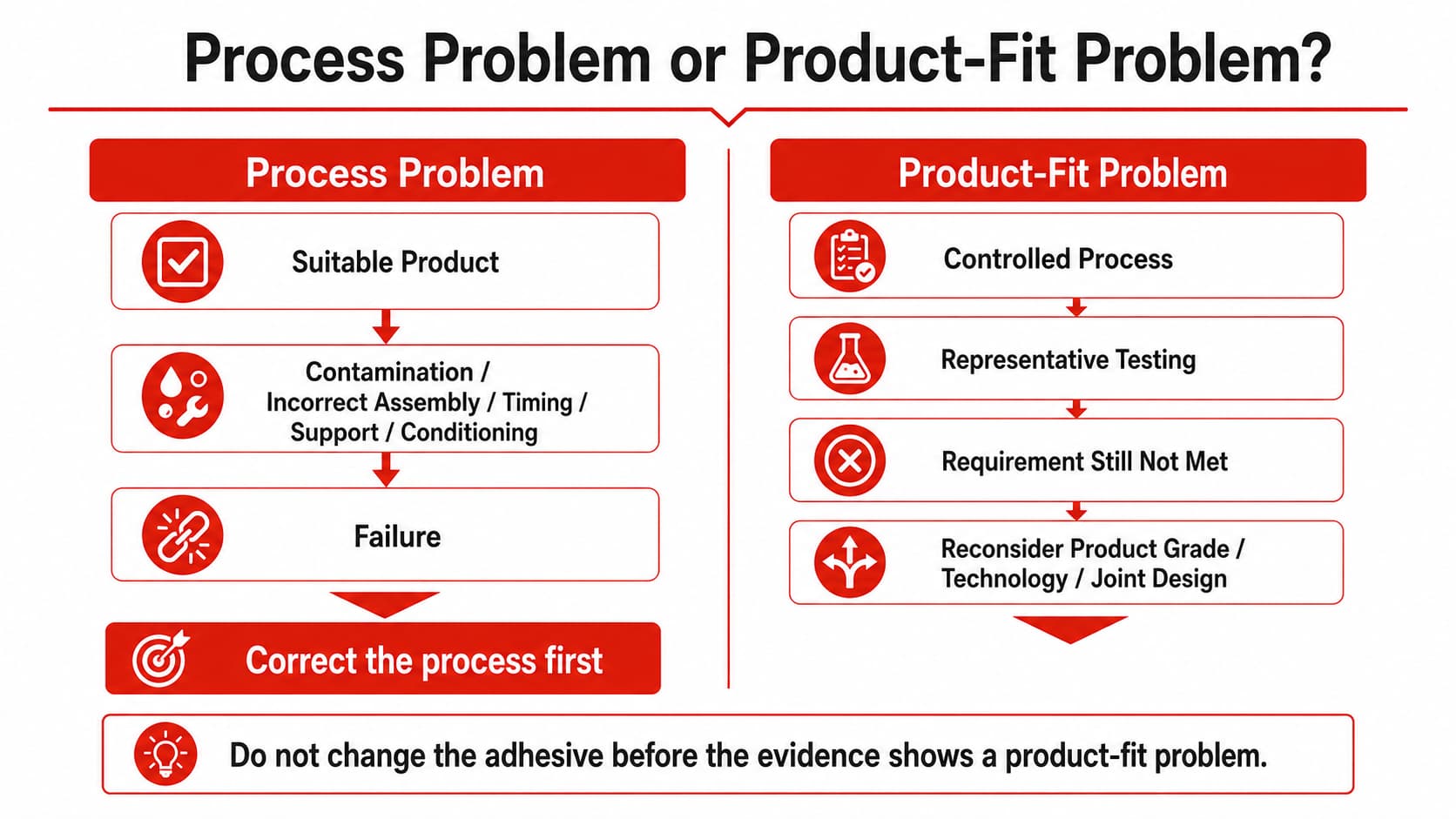 Comparison of process problems and product-fit problems in adhesive bond failure diagnosis and product selection