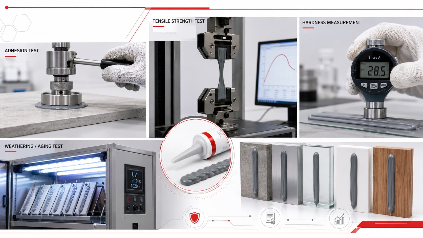 Industrial acetic silicone sealant testing for adhesion tensile strength and weather resistance