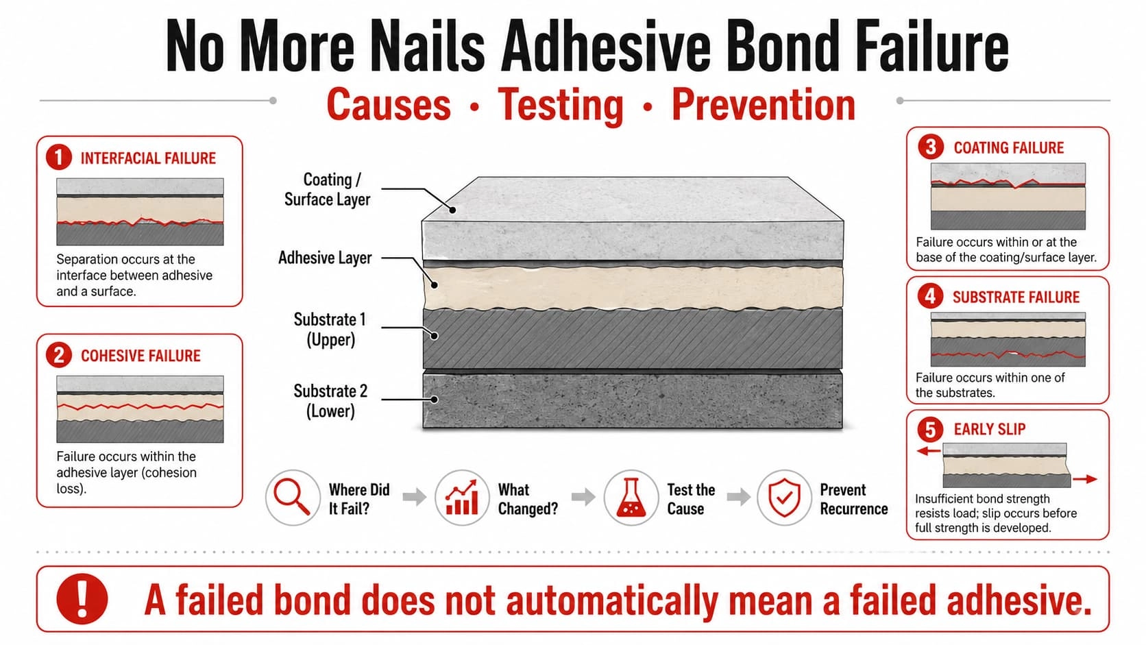 No More Nails adhesive bond failure guide showing interfacial cohesive coating substrate and early-slip failure modes - KINGDELI