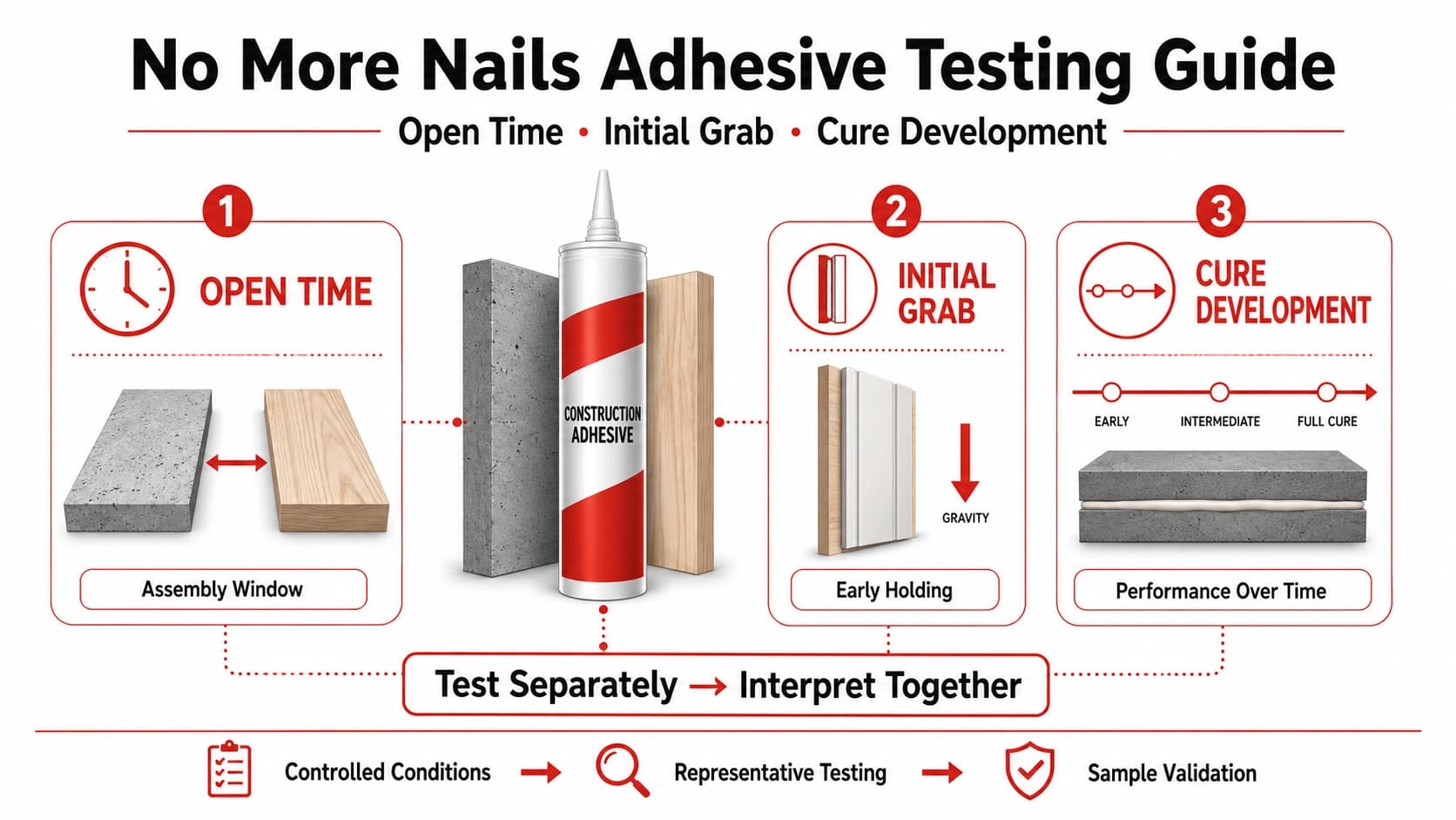 No More Nails adhesive testing guide for open time initial grab and cure development under controlled conditions - KINGDELI