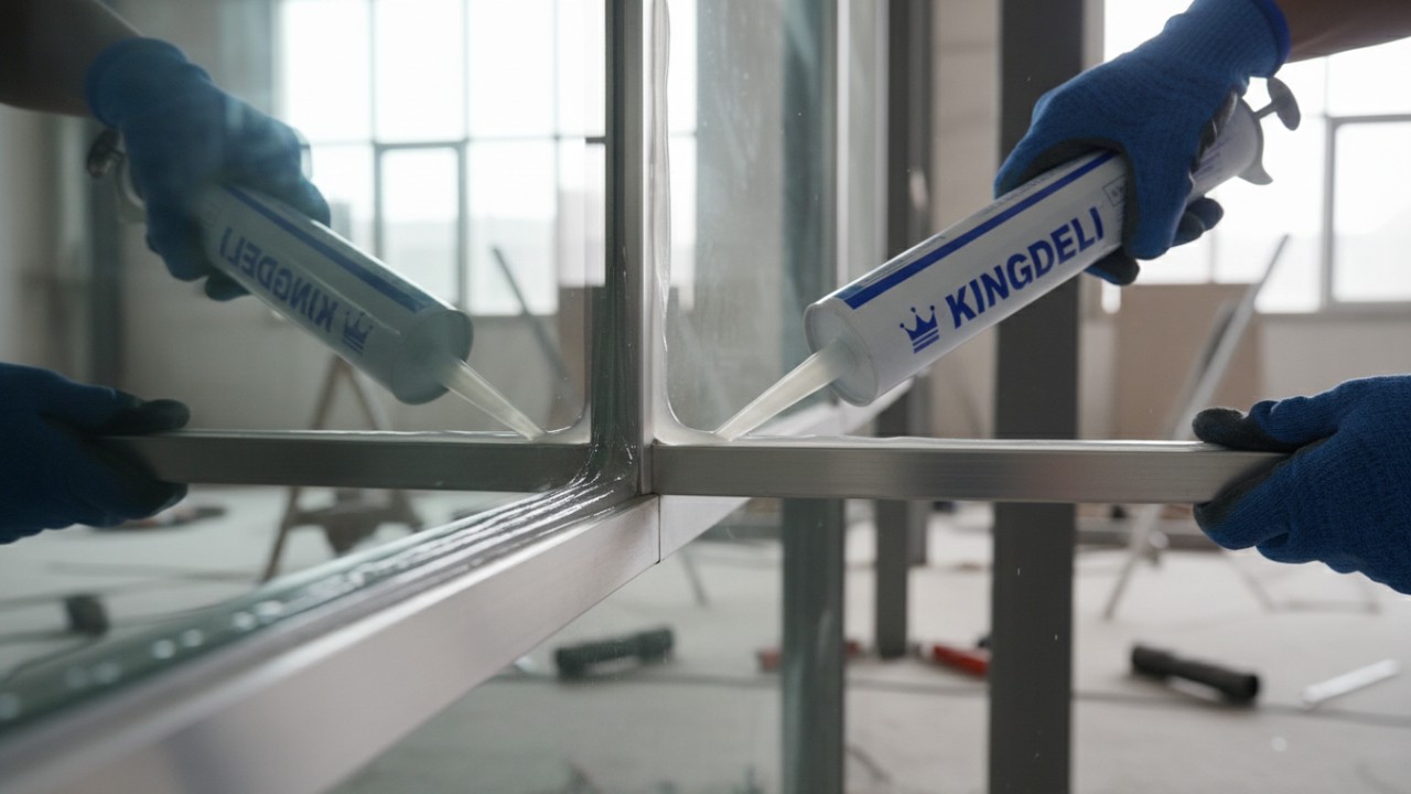 Professional application of neutral silicone sealant on industrial glass and metal joints