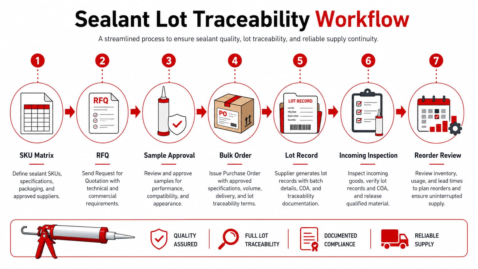 Sealant lot traceability workflow from SKU matrix and RFQ to reorder review
