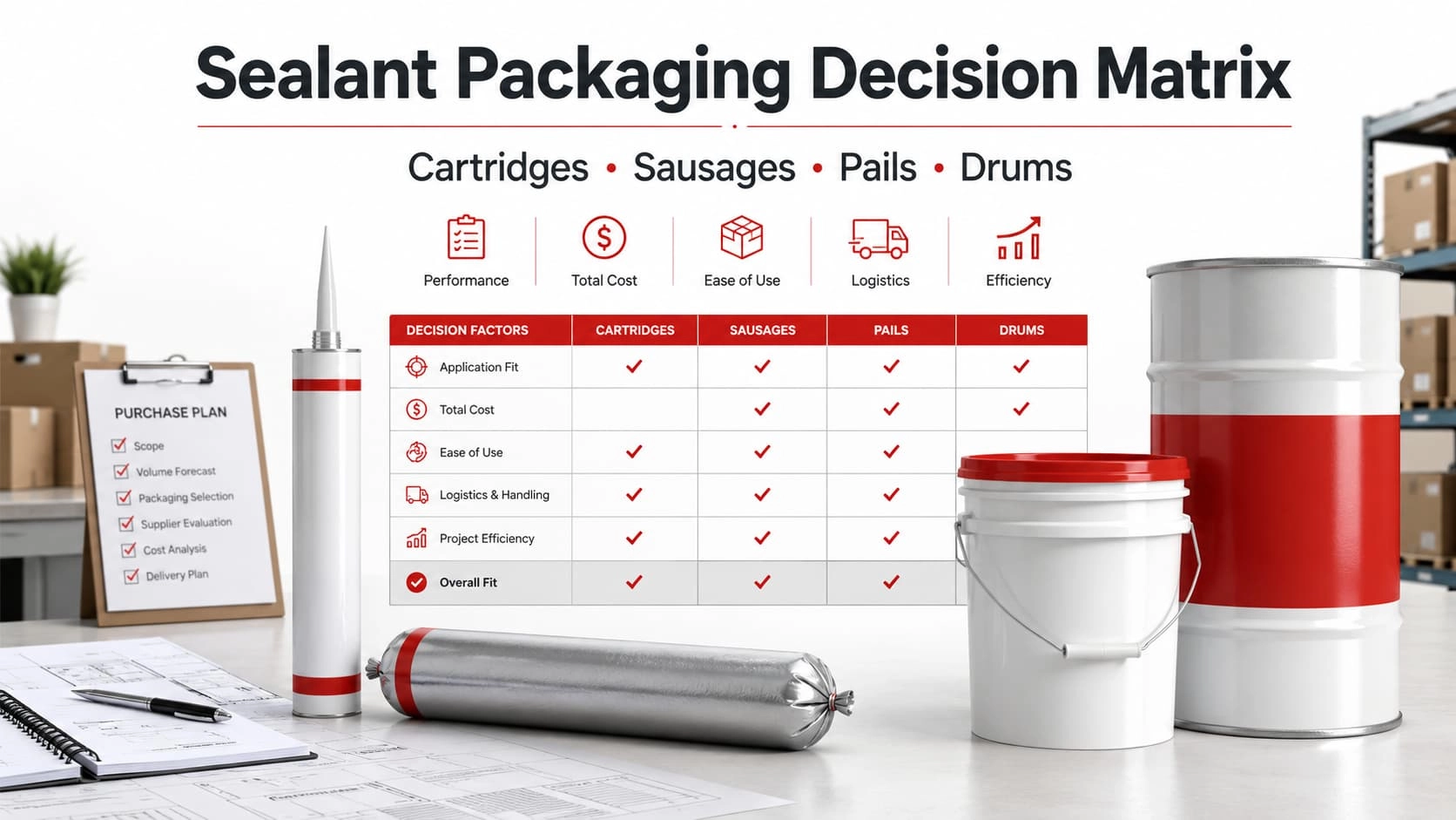Sealant packaging decision matrix comparing cartridges sausages pails and drums - KINGDELI